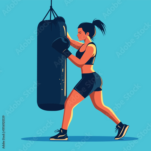A powerful Flat Design illustration of a determined woman engaging in a boxing workout, hitting a heavy bag with focus and strength, representing high-intensity training and self-d