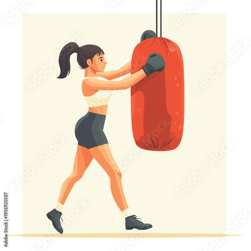 A powerful Flat Design illustration of a determined woman engaging in a boxing workout, hitting a heavy bag with focus and strength, representing high-intensity training and self-d