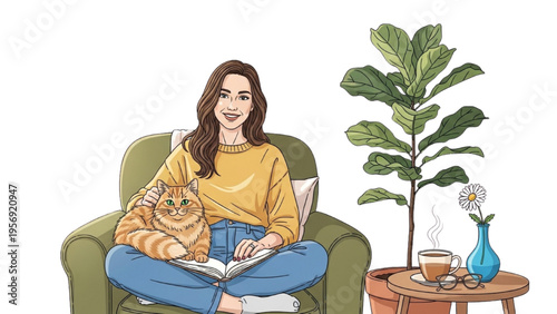 Woman Reading Book with Cat Cozy Home Interior Illustration Relaxing Lifestyle Coffee and Plants Scene