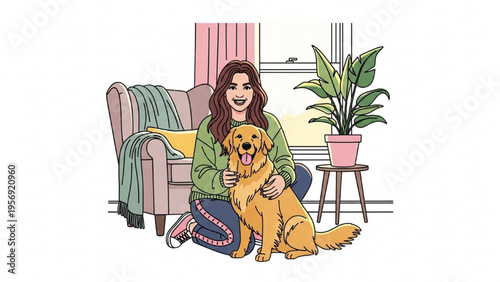 Woman Hugging Golden Retriever at Home Cozy Living Room Illustration Pet Love Comfort Lifestyle Scene