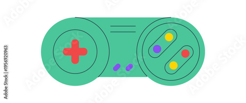 Retro flat joystick gamepad icon in green with yellow and purple, classic controller for console and videogame. Gamer pad shows video game style, vintage retro device concept for electronic