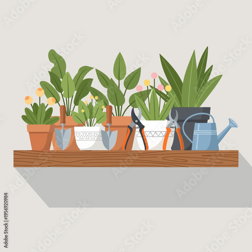 Gardening tools and potted plants on a wooden shelf, ready for planting and care