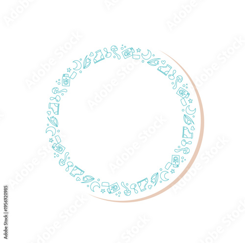 Circular frame label in blue line silhouette with outdoor adventure icon and mountain, nature, camp, hiking and travel symbol. Doodle elements nature theme for adventure art.