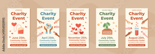 Charity event poster set with warm beige and red background. People join as volunteer and donate with heart icons money symbols. Community support concept for donation or charity event poster social
