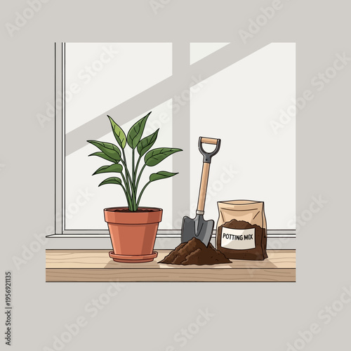 Houseplant repotting: Potted plant, potting mix, and shovel on windowsill