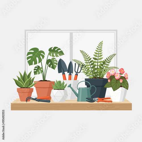 Houseplants and Gardening Tools on a Shelf by the Window