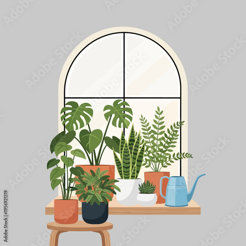 Cozy indoor plants on a windowsill with an arched window and watering can