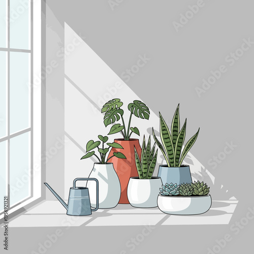 Cozy indoor plants on windowsill with watering can and sunlight.