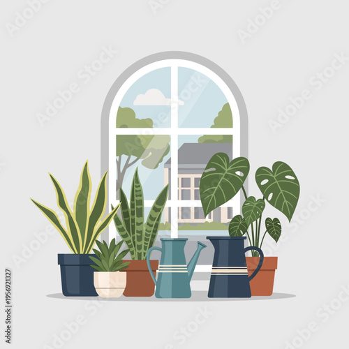 Cozy indoor plants on windowsill with watering cans, view of house and trees through window