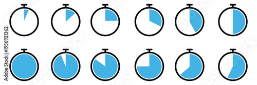 A set of ten circular timer and stopwatch pie chart icons in various stages vector.