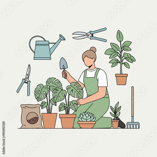 Gardener planting houseplants with tools and watering can, illustration