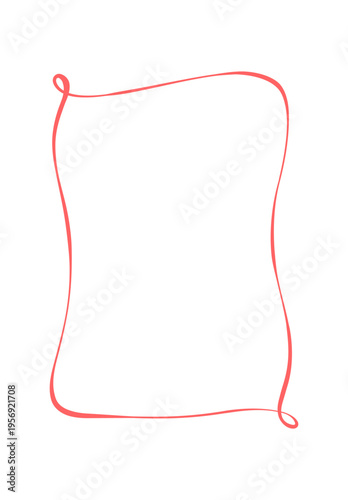 Whimsical red ribbon wedding frame on white background. Hand drawn wavy border as simple romantic card and invite decor. Cute vintage line element for social media post or party celebration