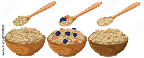 Wooden Bowls of Oatmeal with Fruit and Spoons