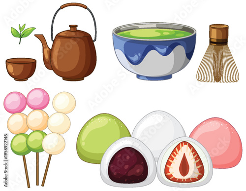 Japanese Tea Set with Mochi and Dango Sweets Illustration