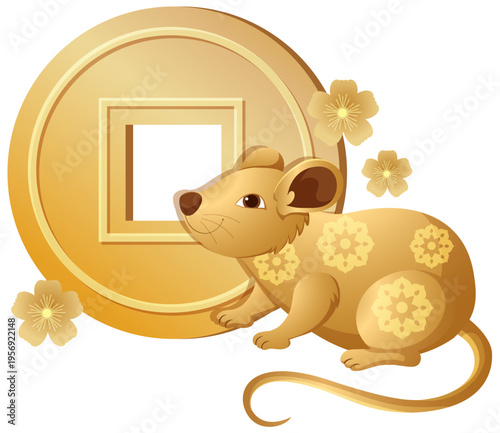Golden Chinese Zodiac Rat with Traditional Coin and Plum Blossoms