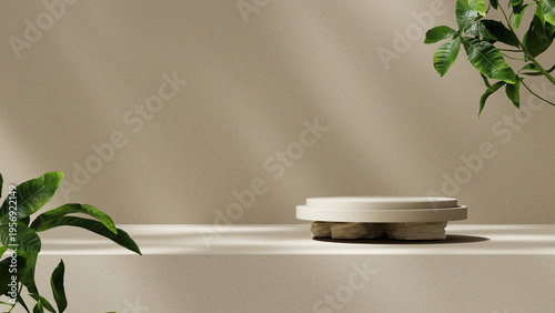 Cosmetic podium with plant element and soft shadow background designed for skincare product display and branding. Minimal studio setup with empty platform. 3D render.