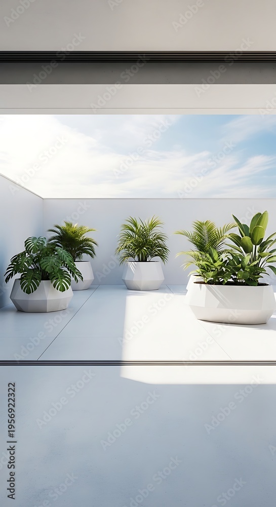 Obraz premium Modern balcony with potted plants and geometric planters under bright sunlight and blue sky with clouds