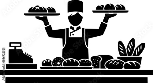 Baker standing behind a counter with fresh bread and cash register, black silhouette illustration