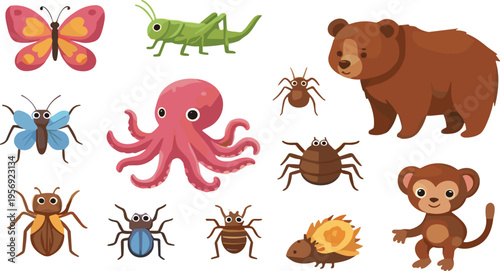 Cute insects and animals collection with bear monkey octopus butterfly beetles and bugs cartoon flat vector illustration set isolated