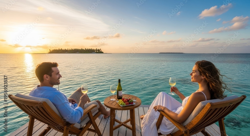 Fototapeta premium A couple enjoys a romantic sunset on a wooden deck overlooking the ocean, with a bottle of wine and a plate of fruit on the table.