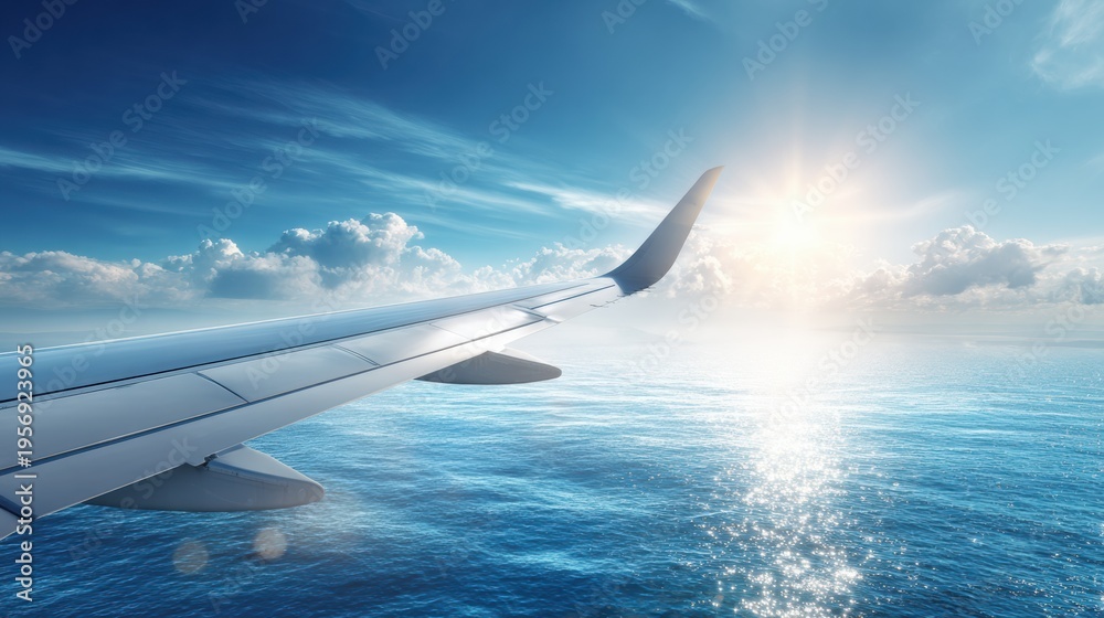 Obraz premium View of Airplane Wing Over Turquoise Ocean With Clear Sky and Soft Clouds During Sunny Travel Experience