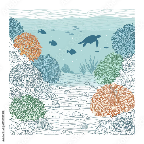 Underwater coral reef scene with sea turtle and fish, vibrant marine life, ocean ecosystem