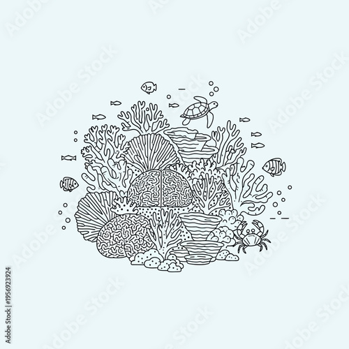 Underwater Coral Reef Scene with Sea Turtle, Fish, and Crab - Line Art