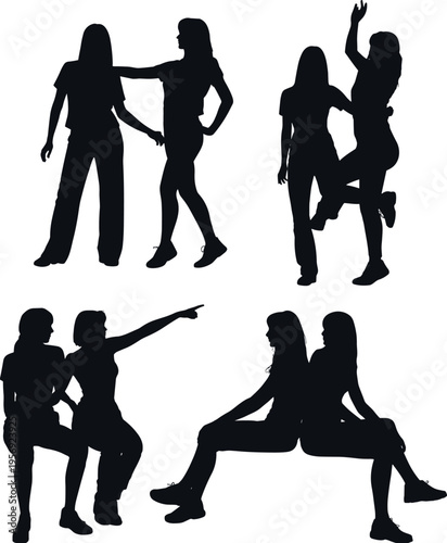 Black silhouettes of two women in various poses including sitting, standing, and pointing together while isolated on a plain white background for creative projects