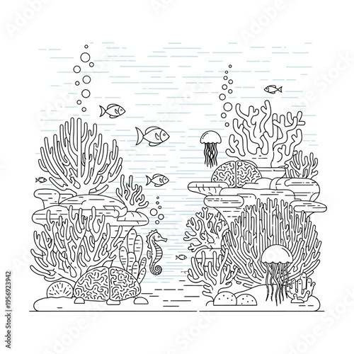 Underwater coral reef scene with seahorse, fish, jellyfish, and marine life in line art style