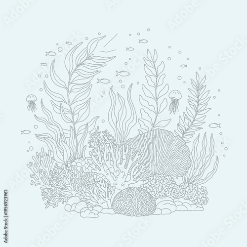 Underwater Coral Reef Scene with Seaweed, Jellyfish, and Small Fish
