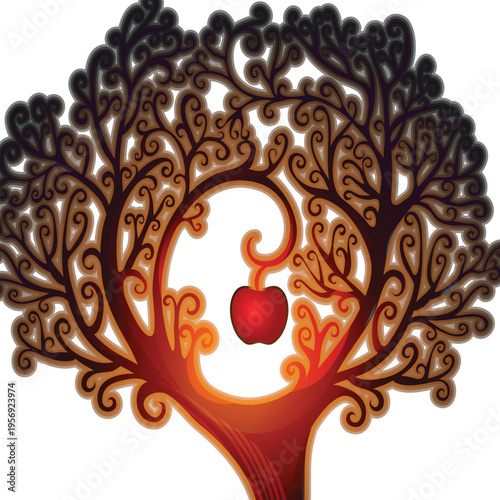  is a stylized vector illustration titled "Tree with branches in shape of heart with apple".