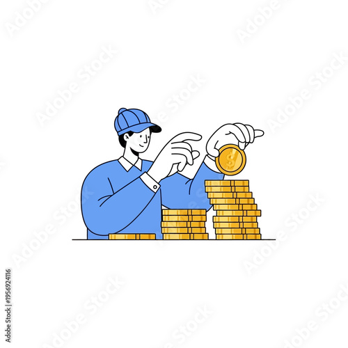 Man stacking golden coins, illustration of financial growth and wealth accumulation