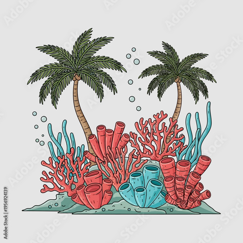 Tropical Underwater Scene with Palm Trees, Coral Reef, and Seaweed