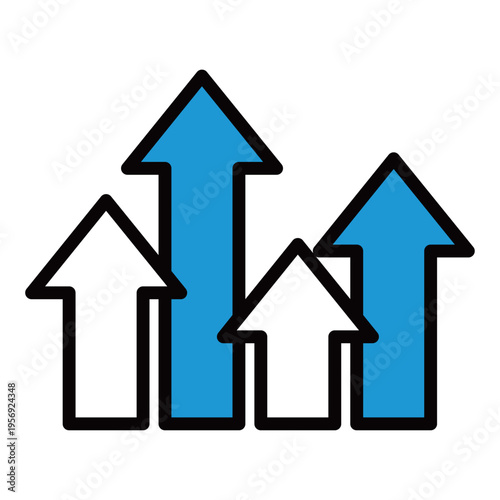4本の上昇矢印が並ぶビジネスアイコン（2色・青・躍進・急成長・チーム・市場拡大・進展）