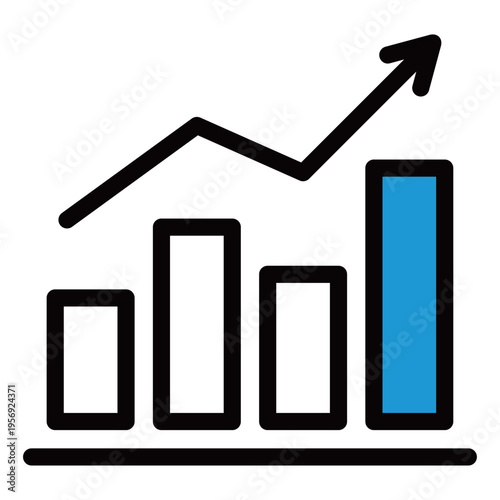 最新の実績を強調した棒グラフと上昇矢印のビジネスアイコン（2色・青・注目・成果・目標達成・データ分析）
