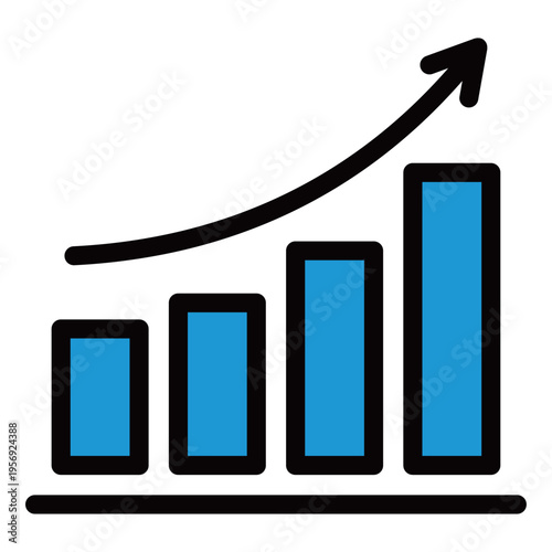 加速する上昇トレンドの棒グラフアイコン（2色・青・右肩上がり・成長・データ分析・進展）