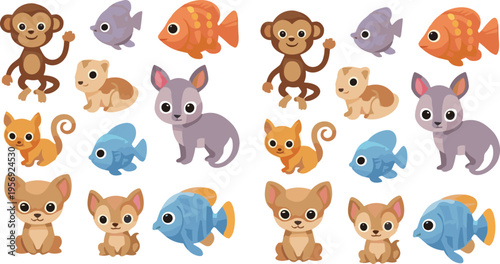 Cute pet and animal characters collection with cats dogs monkeys and fish kawaii cartoon vector illustration set isolated