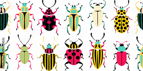Colorful patterned beetles arranged in a repeating illustrative design