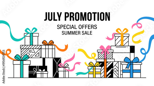 July Promotion Banner with Gift Boxes and Ribbons