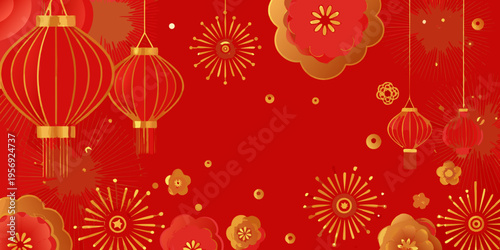 Traditional red lanterns and floral decorations celebrate a festive occasion