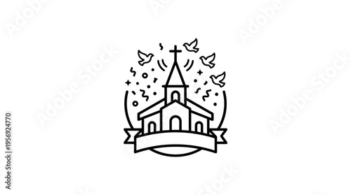 Minimalist Church Emblem with Doves and Confetti