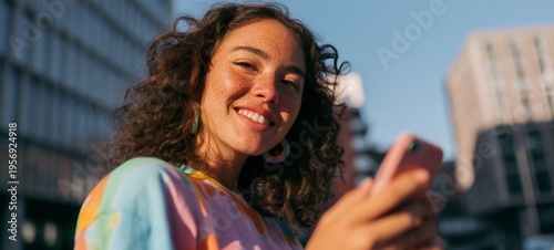 Happy Woman Taking Selfie in City Setting