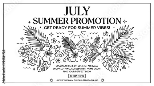 Summer Promotion Banner with Floral Decorations in Black and White