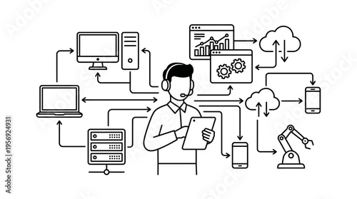 IT Support Technician Connecting Devices and Data
