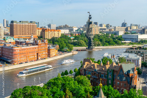 Moscow panoramic view photo with Peter the Great statue towers over Moskva River and modern skyline. Russia.
