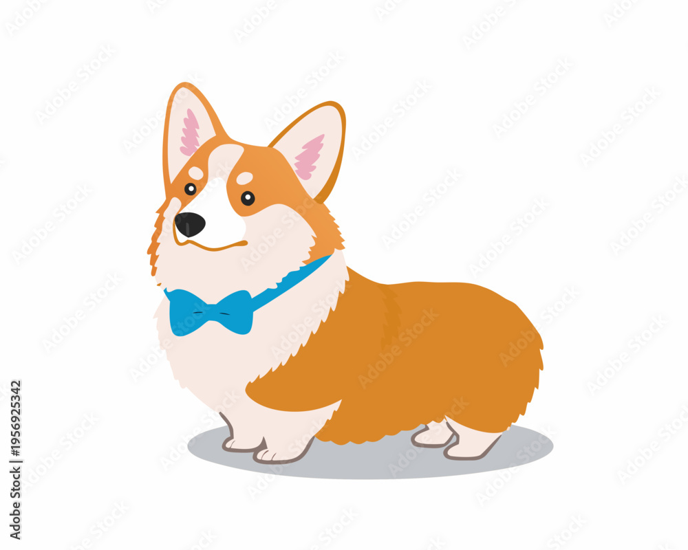 Fototapeta premium A charming corgi dog stands wearing a blue bow tie