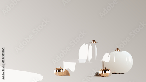 Minimalist still life featuring ceramic pumpkin shaped objects in soft tones