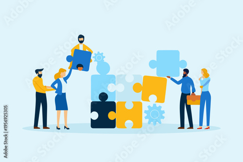Diverse team collaborating to connect puzzle pieces representing business solutions