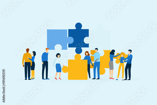 Teamwork concept with people connecting puzzle pieces representing collaboration