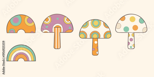 Colorful abstract mushrooms with retro patterns and whimsical designs